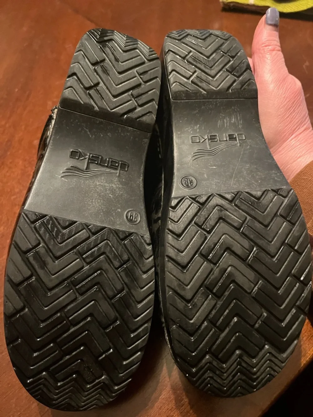 Dansko Black and Silver Floral Patent Clogs with Metallic Accents - Picture 6 of 7